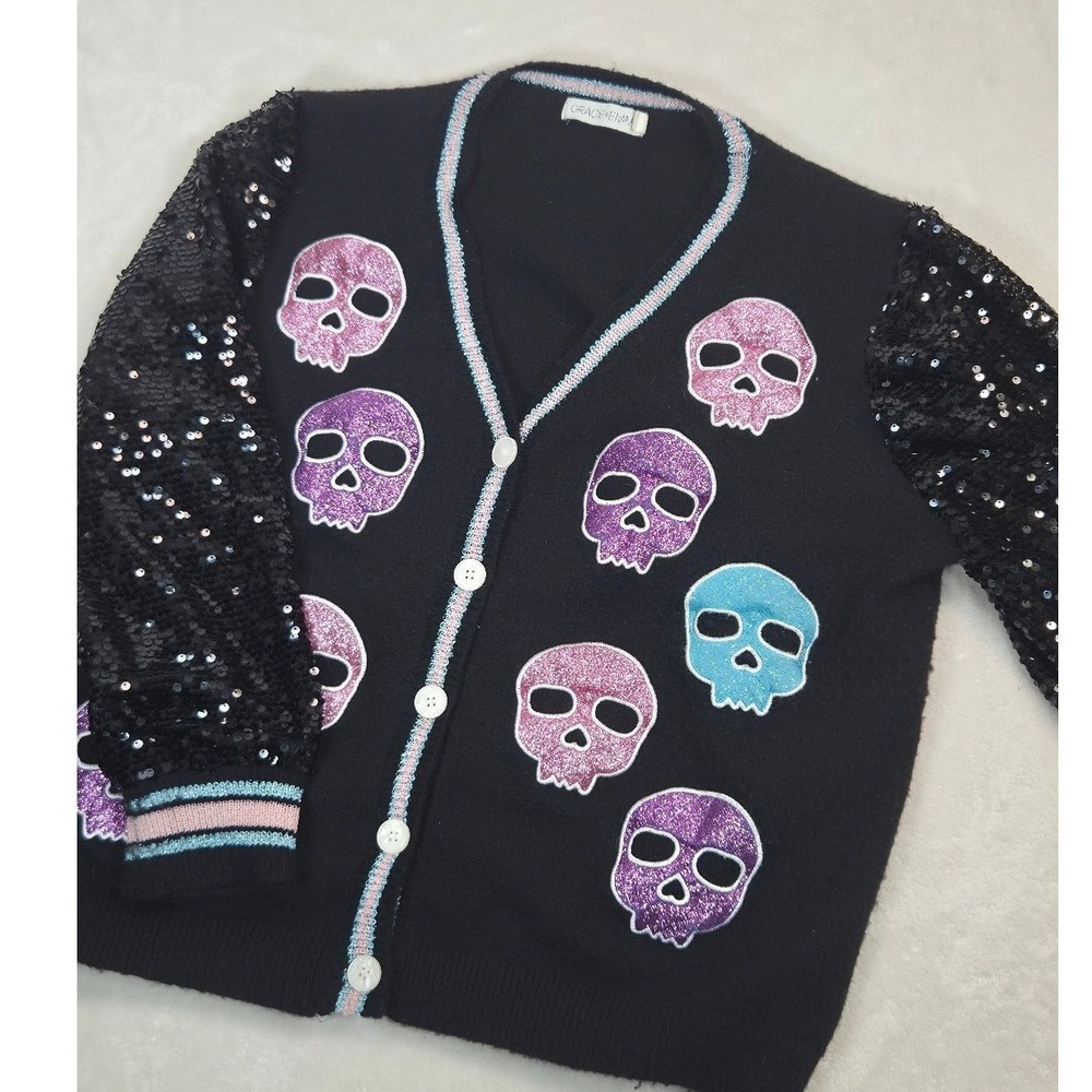 Grace + Emma Skull Cardigan Womens 2XL Black Excellent Sequin Sleeve Y2K Glam
